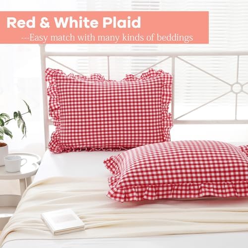 2 Pack Red White Gingham Ruffle Standard Pillow Shams 20"x26" - Image 4