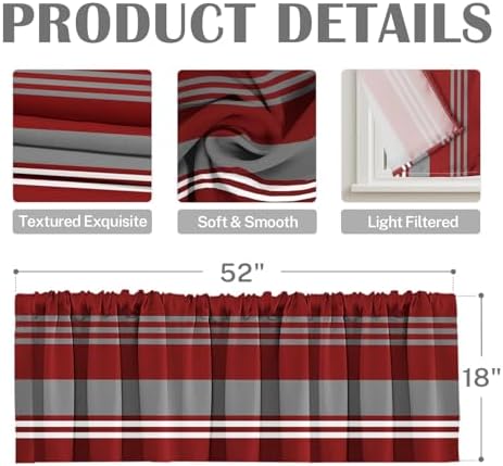 Emvency Valances for Windows, 2 Pack, 52x18 Inch, Striped Red - Image 3