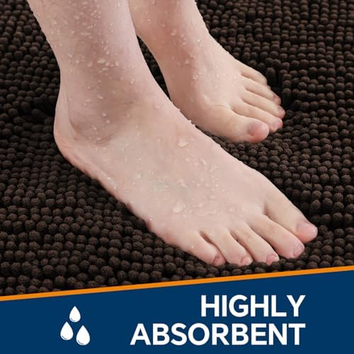 Chenille Bathroom Rug 17"x24" Brown, Non-Slip Plush Bath Mat - Image 4