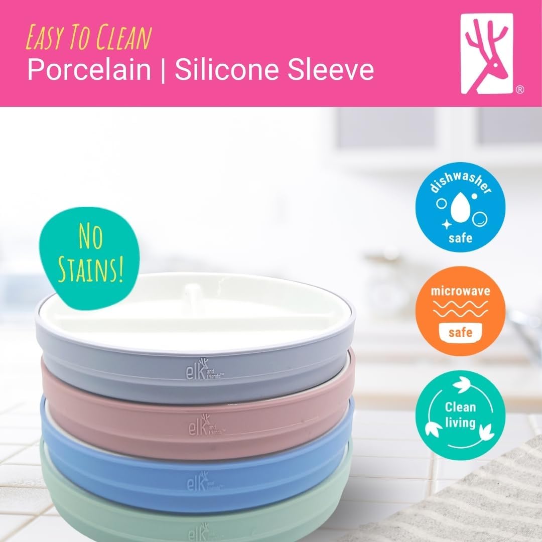 Elk and Friends Kids 6.7” Porcelain Divided Plates with Silicone Suction Sleeves | Suitable for Babies/Kids/Toddlers | Microwave & Dishwasher Safe | Non Slip | Snack Dishes | 2 Pack