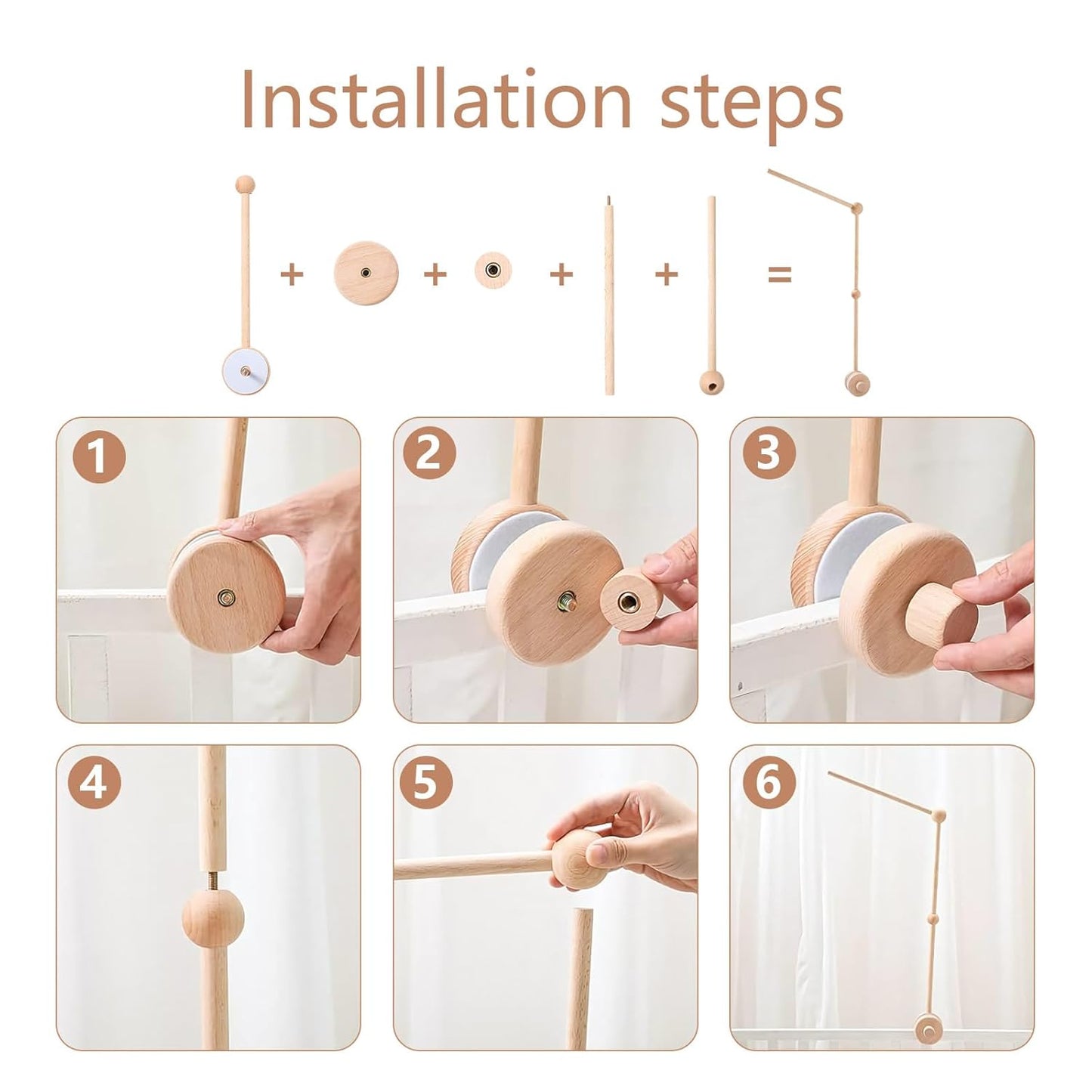 Baby Crib Mobile Arm Wooden Holder with Rotating Music Box Nursery Decor Attachment Safe Anti Slip Set for Baby Girls Boys Nursery Decor