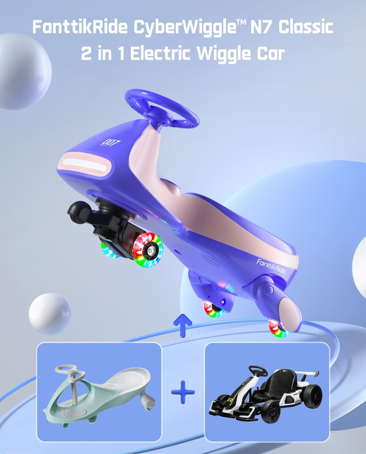FanttikRide 6V N7 Classic Electric Wiggle Car with Pedal, Rechargeable Battery, Ride on Toys, Swing Car, 2 Speeds, Anti-Rollover, Flashing Light Wheels, Bluetooth, for Ages 3 and Up, 150 Lbs, Pink