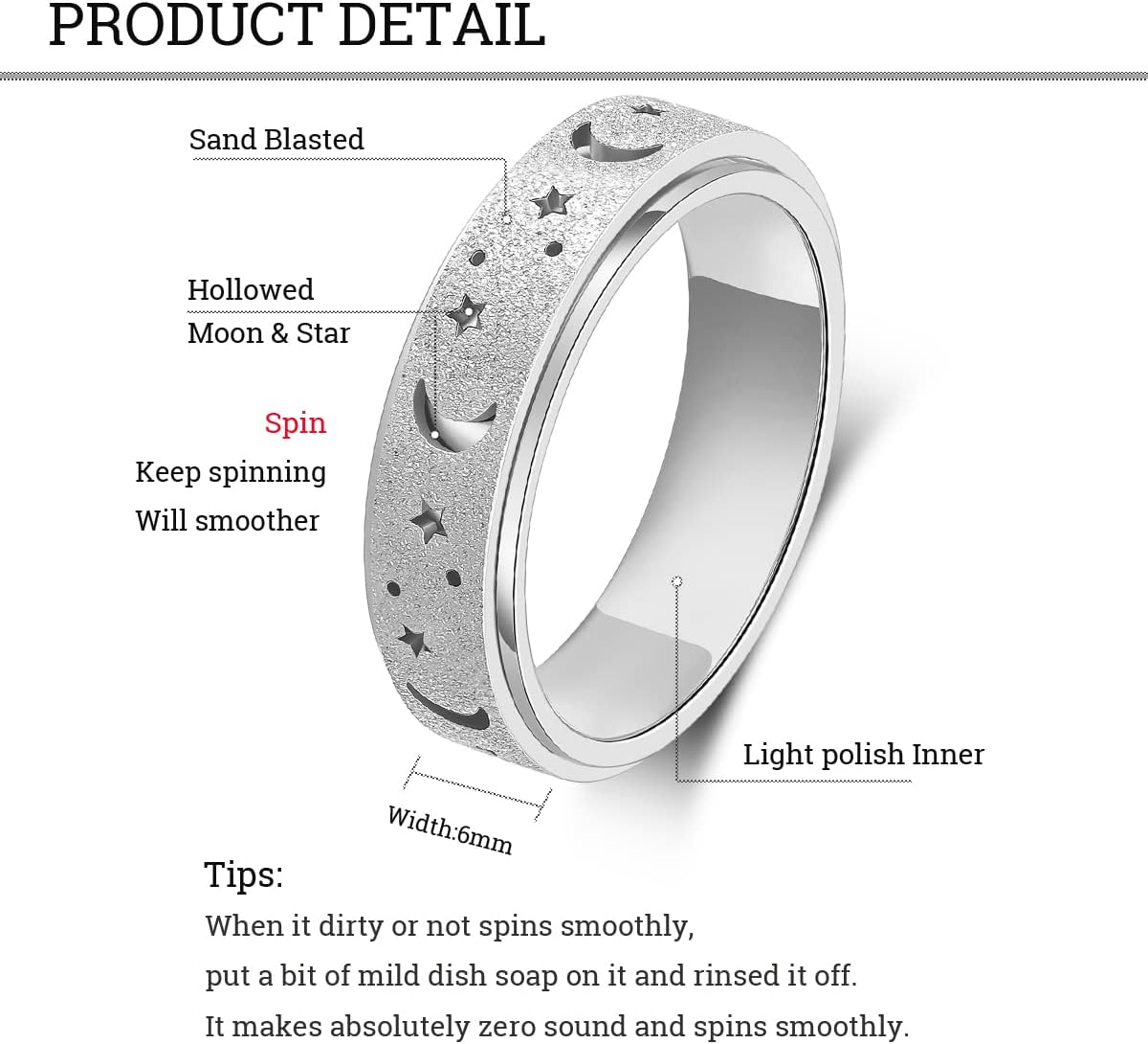 OreilleStar Anxiety Ring for Women Spinner Ring Fidget Ring Fidget Toys Adults Spinner Rings Stainless Steel Silver Rainbow Size 7 Moon Star Band
