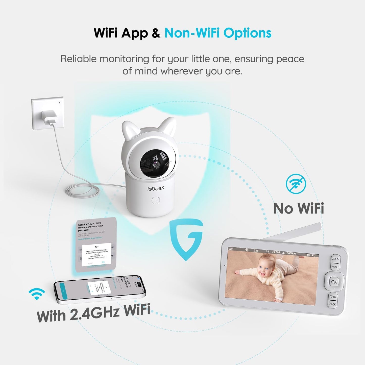 ieGeek Baby Monitor with Camera and Audio,5" Screen,HD Night Vision,2-Way Talk,Cry&Motion Detection,Temperature&Humidity Sensor,WiFi Baby Camera Monitor Supports Smartphone App(Upgrade)