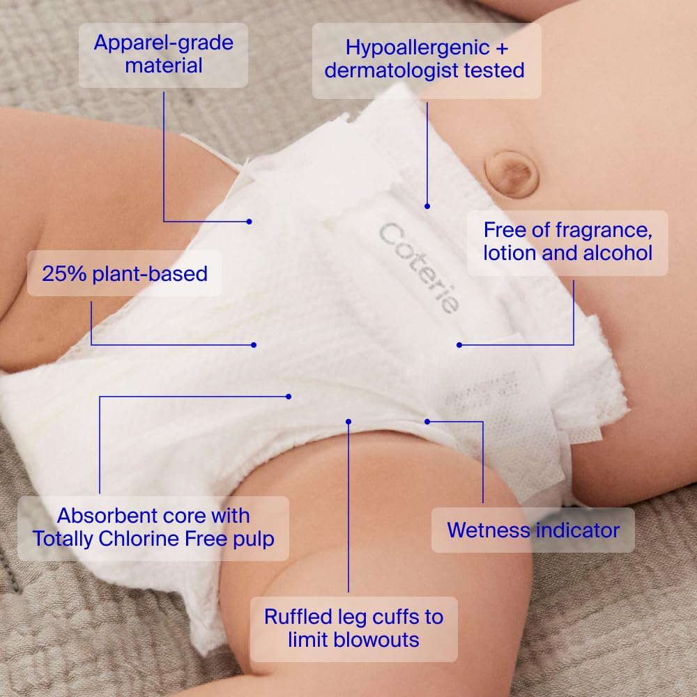 Coterie Baby Wipes + Diapers Kit, Size 1 Diapers (198 Count) & 12 Pack (672 Count) Baby Wipes with 99% Water, Plant Based Materials, Hypoallergenic for Sensitive Skin