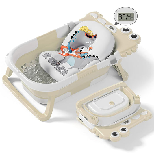 Collapsible Baby Bathtub for Newborn, Foldable Baby Bath Tub with Thermometer & Soft Floating Cushion & Drain Hole, Portable Travel Infant Bath Tubs for Newborns to Toddlers 0-36 Months Boys, Beige