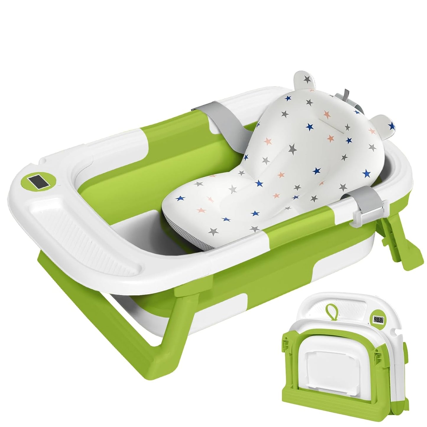 Collapsible Baby Bathtub,Baby Bath Tub with Thermometer & Soft Cushion,Baby Bathtub for Newborn to Toddler 0-36 Months,Portable Travel Baby Tub with No-Slip Feet,Baby Shower Gifts,Green
