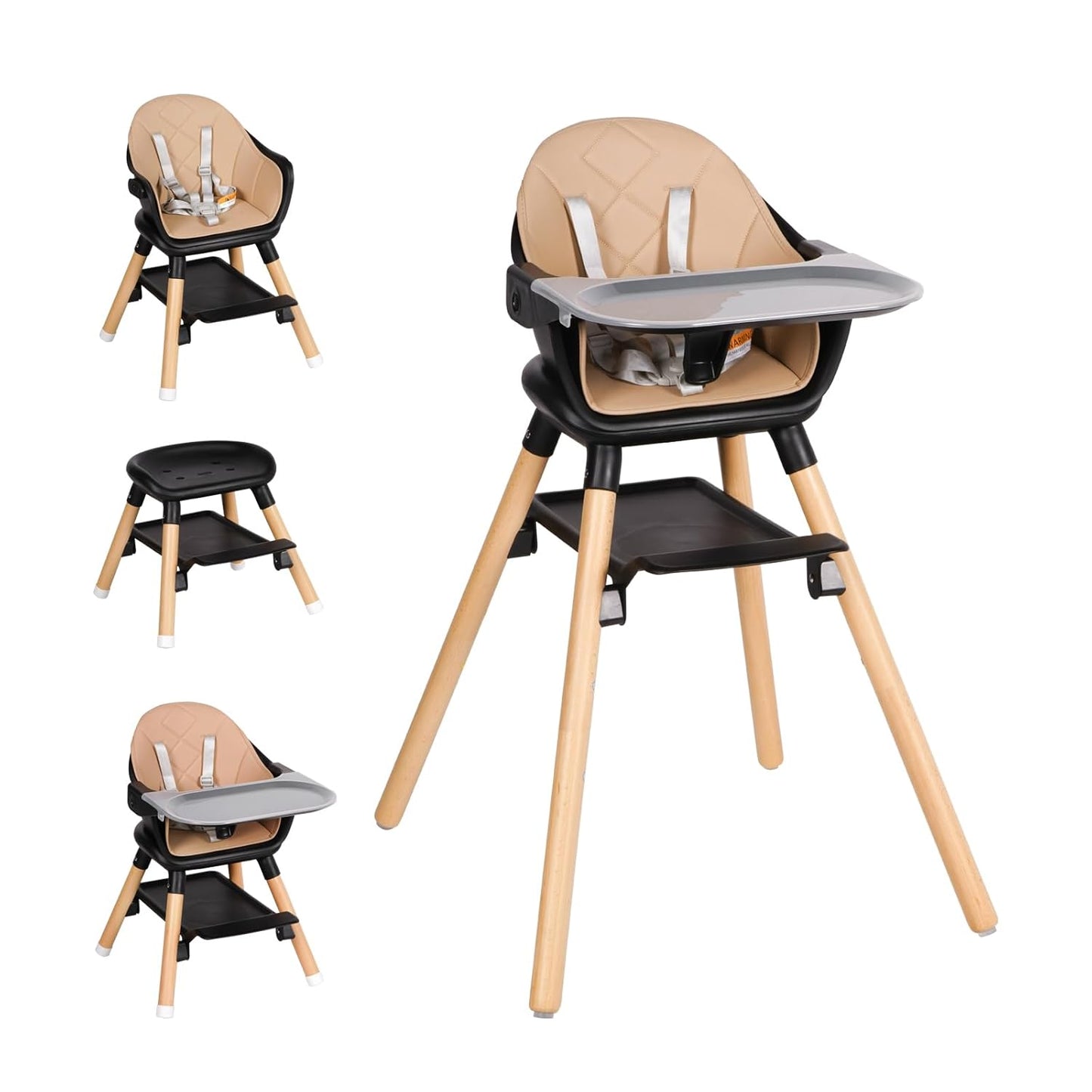 Baby High Chair, 6 in 1 Wooden Convertible High Chairs for Babies and Toddlers, Booster Seat with Double Tray & Reversible Footrest, 5-Point Harness Infants Feeding Seat, Black