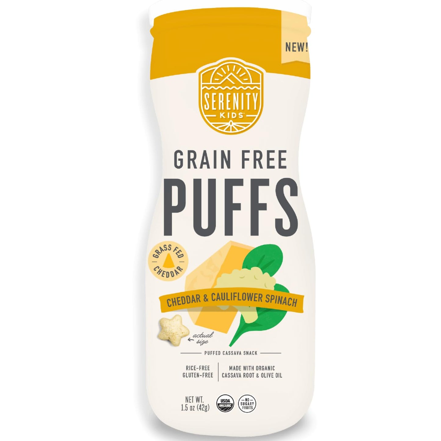 Serenity Kids 6+ Month Baby Food Puffs - White Cheddar & Cauliflower - Grain-Free, Gluten-Free & Allergen-Free - Organic Puffs for Baby - Cassava, Veggies & Herbs - 1.5 Oz, 6-Pack