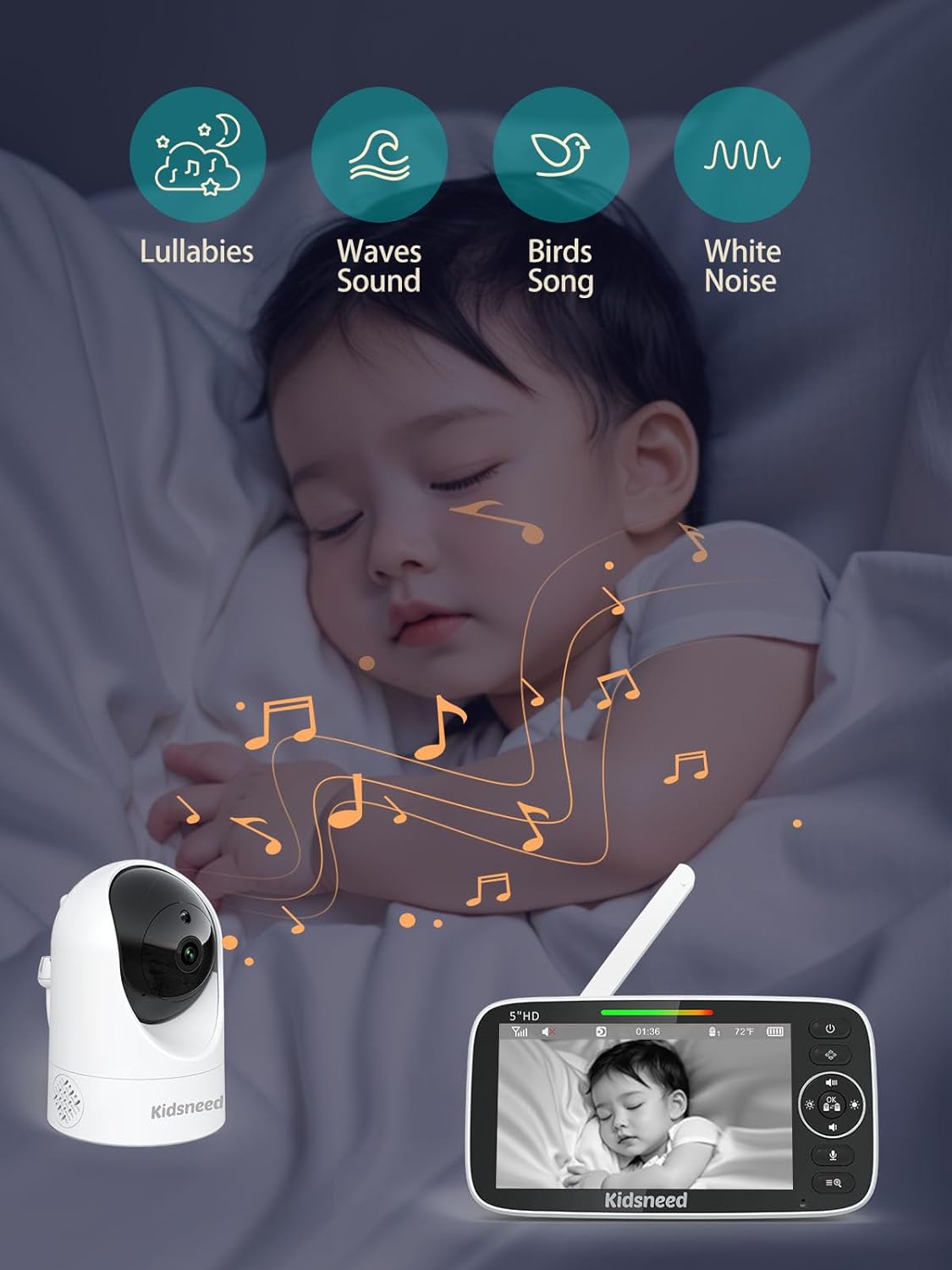 Kidsneed 5" Split Baby Monitor with 2 HD 720P Cameras