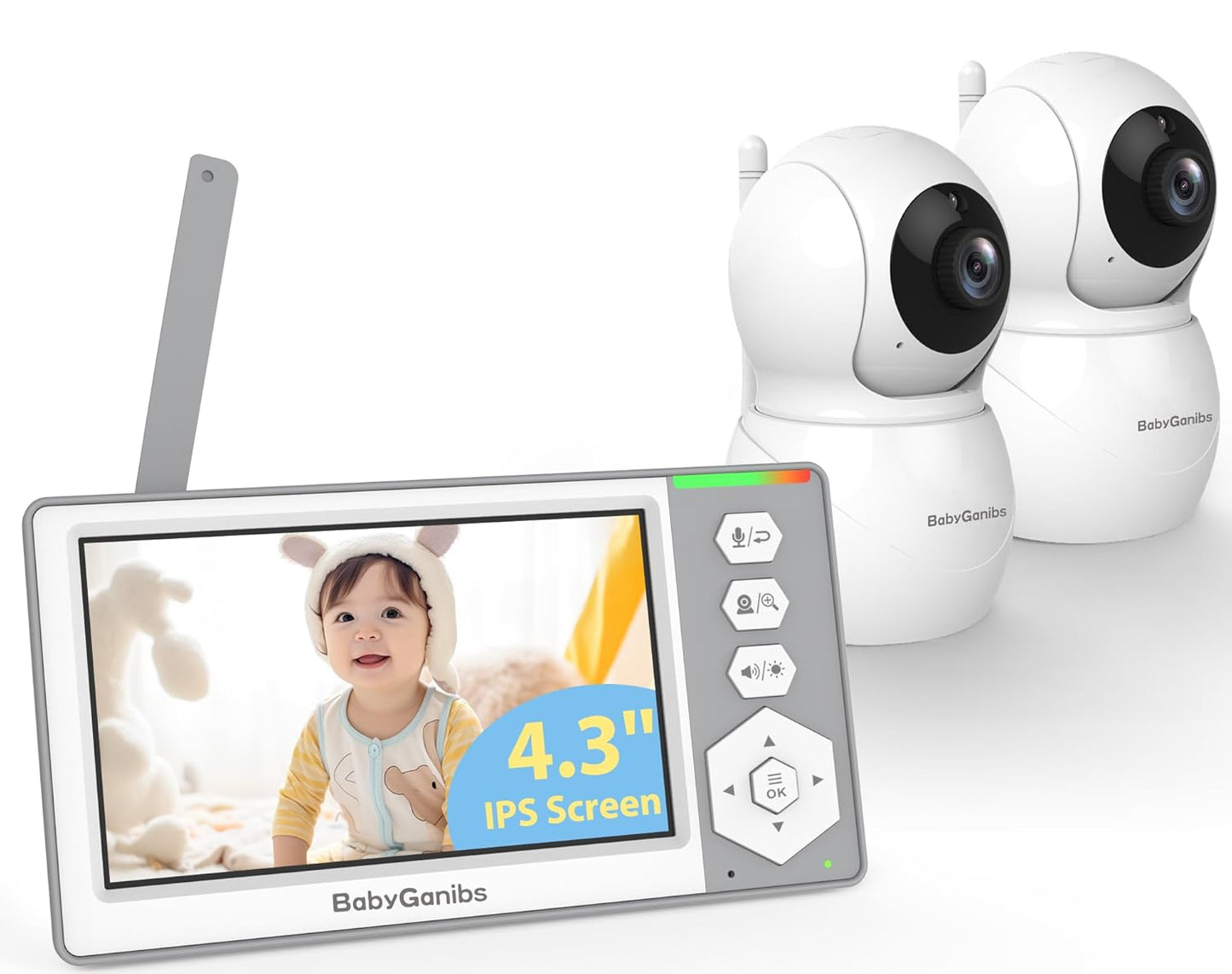 Baby Monitor with 2 Cameras Standby for 26-Hour Battery, Remote Control 4.3'' IPS Video Baby Monitor No WiFi Up to 1000ft Range, ECO, Night Vision, Temperature, 2-Way Talk, 8 Lullabies