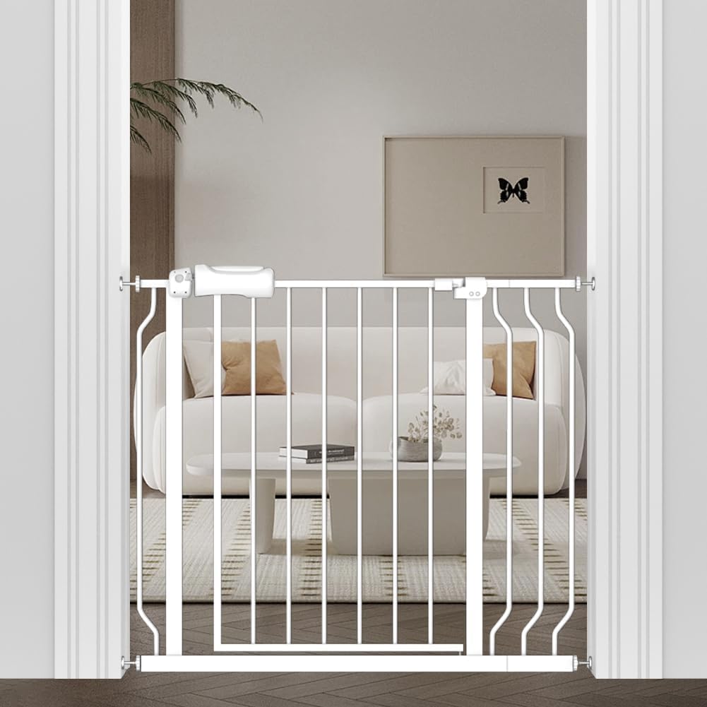WAOWAO Baby Gate 33.86-38.55" Extra Wide Pressure Mounted Walk Through Swing Auto Close Safety White Metal Toddler Kids Child Dog Pet Puppy for Stairs,Doorways,Kitchen