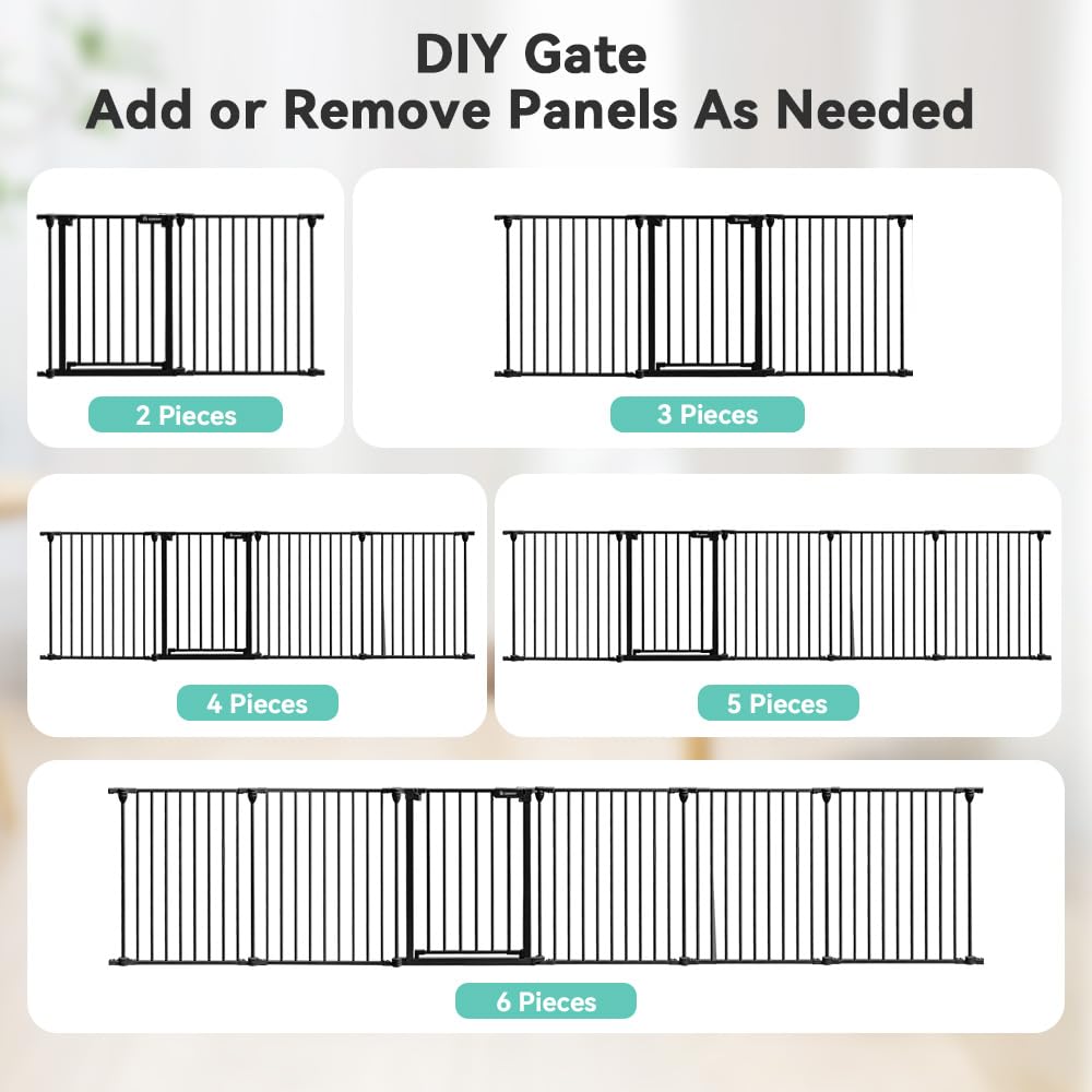 COMOMY 150" Extra Wide Baby Gate with Door, Dog Gates for The House Doorways Fireplace, Auto Close Baby Fence Play Area, Walk Through Pet Gate, Hardware Mounted Baby Gate, 6-Panels (30" Tall, Black)