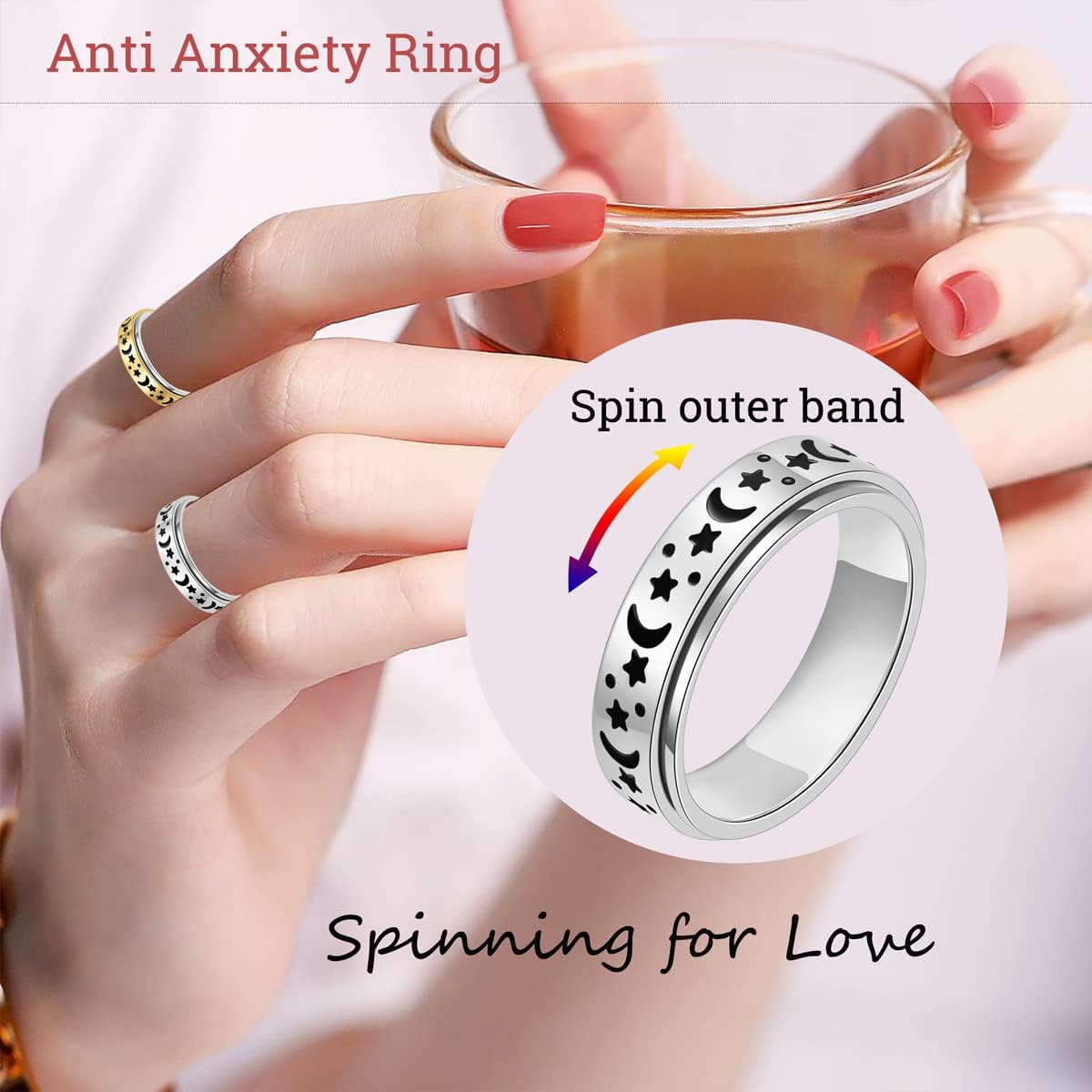 OreilleStar Anxiety Ring for Women Fidget Spinner Rings Stainless Steel Silver Color Size 6 (Silver_Moon Star, 6)