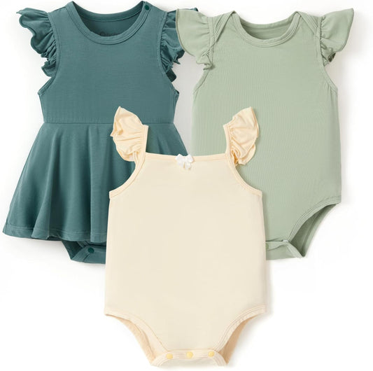 PATPAT Baby Girl Bodysuits - Soft Bamboo Viscose - Flutter Sleeves Cute Dress - Newborn Infant Summer Clothes - 3 Pack
