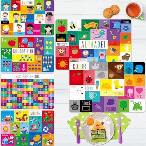 6 Pack Placemats for Kids, Non-Slip Washable, Reusable Alphabet, Color & by SpriteGru