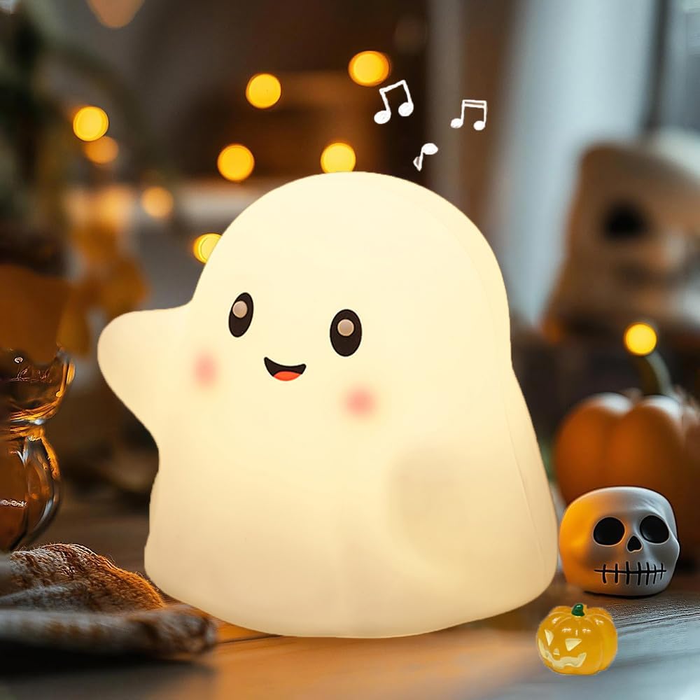 Ghost Night Light for Kids, Silicone Nursery Nightlight with 13 Interactive Sound Effects ,Halloween Decor Lamp Adjustable Dimmable Lamp with Touch Sensor Children's Christmas Gifts (white ghost 1)