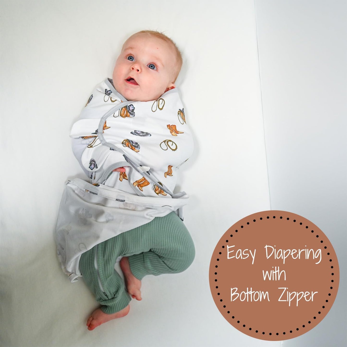 LollyBanks 100% Organic Cotton Baby Boy Essentials Swaddles 0-3 Months, Newborn Swaddle with Easy Change Zipper, Western Baby Swaddle Blanket Wrap (Cowboy Print)