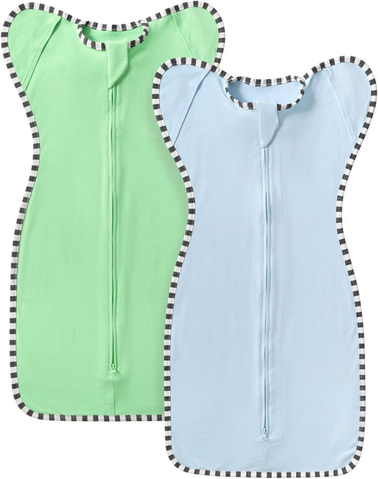 Transition Swaddle, 2 Pack 100% Cotton Baby Sleep Sack, 2-Way Zipper Infant Arm Up Swaddle for Newborn Baby Boys Girls (Blue + Green, M(3-6 Months))