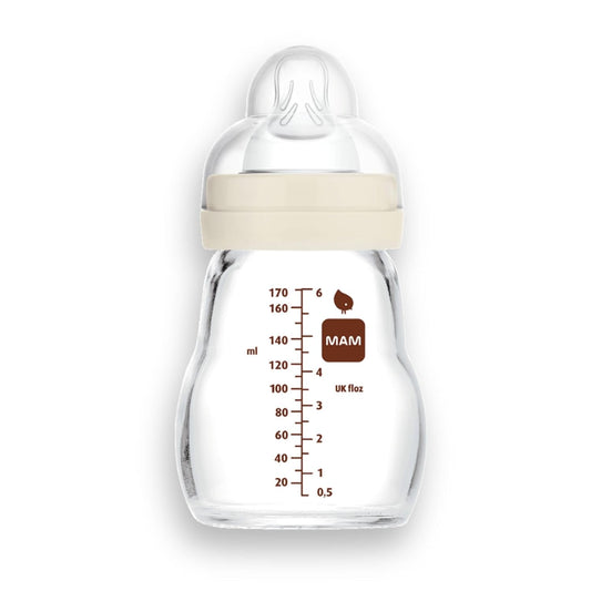 MAM Feel Good Slow Flow Premium Glass Baby Bottles, Easy Switch Between Breast and Bottle, 6oz, 0+ Months, Unisex, 1 Pack