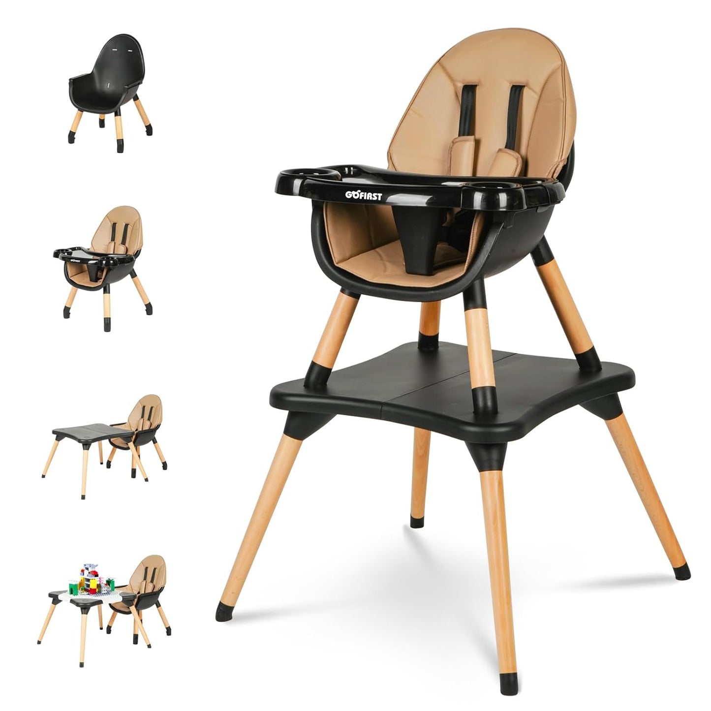 Gofirst 6 in 1 Convertible Wooden High Chair for Babies and Toddlers - Infant Dining Booster Seat With Building Block Table and 4-Position Removable Feeding Chair