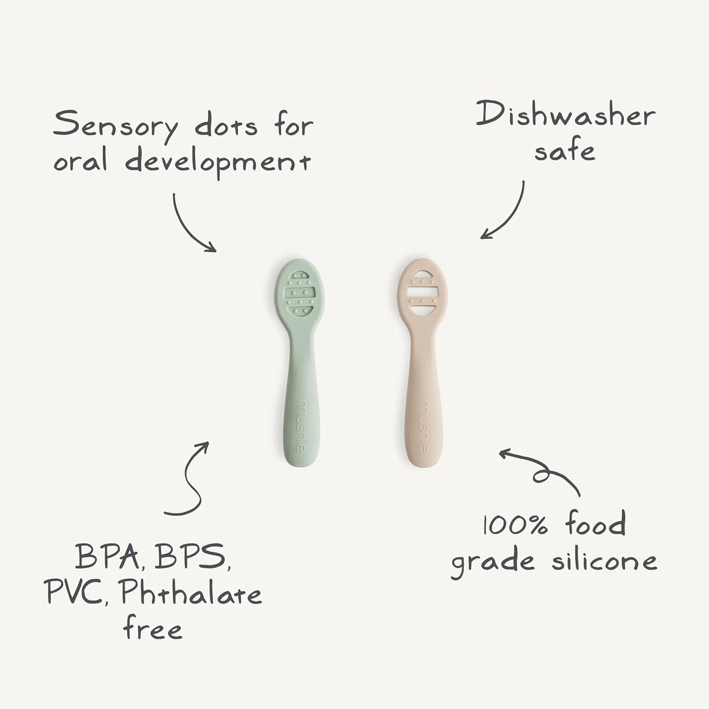 mushie Silicone First Feeding Baby Spoons | 2 Pack (Blush/Shifting Sand)