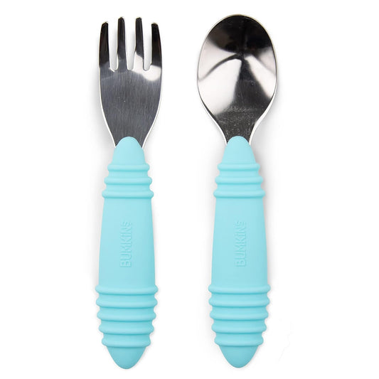 Bumkins Toddler Utensils, Kids Size Fork and Spoon Set, Silicone and Stainless-Steel Training Silverware, Angled Forks / Sporks for Self-Feeding, Children Hold Learning to Eat, 18 Months Up, Blue