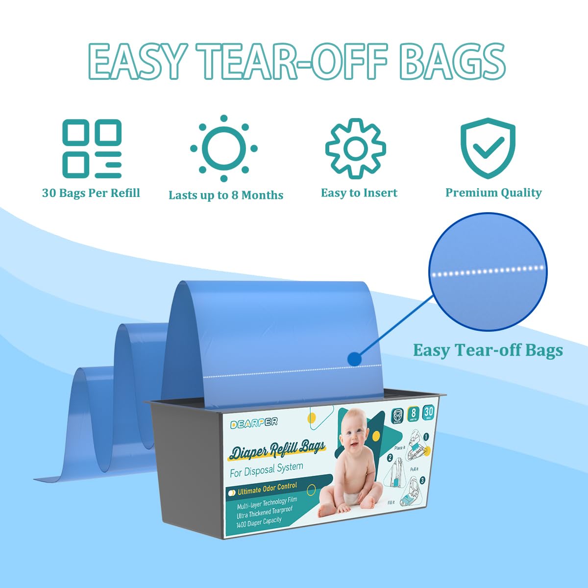 Diaper Pail Bags Refills 4 Pack (120 Count), Compatible with Genie Easy Roll Signature and Platinum Pails, 7-Layer Odor Control, Extra Thickness, Lasts up to 8 Months Per Refill