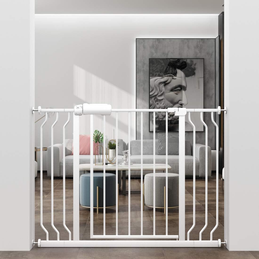 WAOWAO Baby Gate 38.58-43.27" Extra Wide Pressure Mounted Walk Through Swing Auto Close Safety White Metal Toddler Kids Child Dog Pet Puppy for Stairs,Doorways,Kitchen