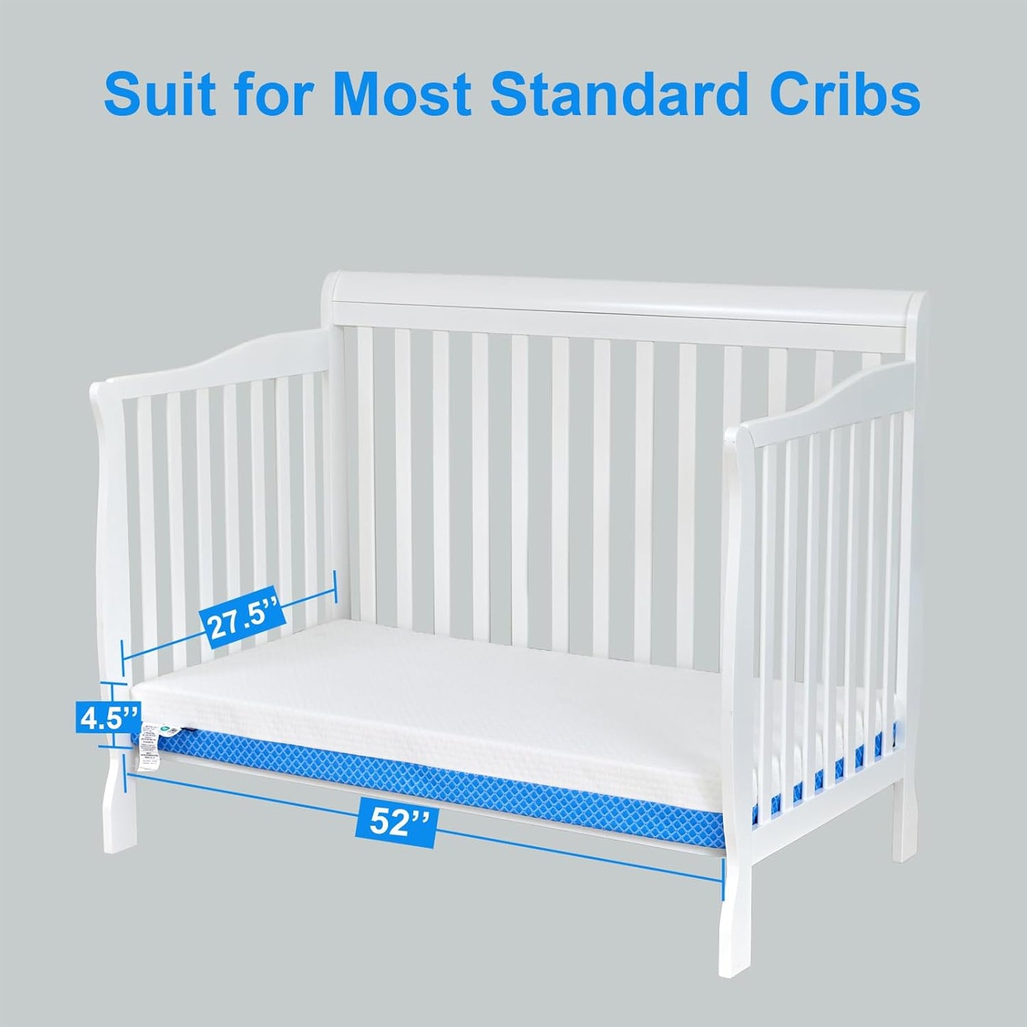 Dual Sided Comfort Gel Memory Foam,Breathable Baby Bed Mattress for Crib,Memory Foam Crib Mattress,Premium for Infant and Toddler w/Removable Outer Cover - White&Blue,Standard Size