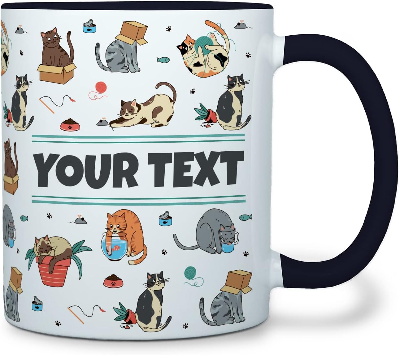 Personalized Mug for Kids - Cats - Custom Name/Text, Ceramic Hot Chocolate/Cocoa/Coffee Cup for Boys/Girls, Birthday/Christmas/Holiday Gift - 11 oz, Black Handle