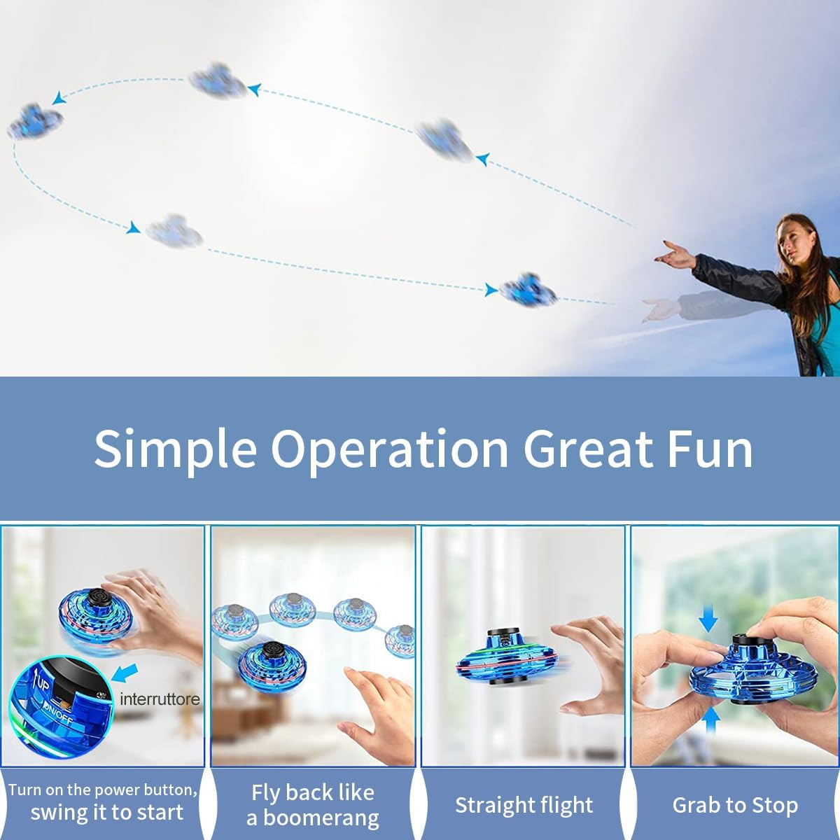 Flying I fly Spinner, Fidget Spinner Flying Toys, Mini Fly UFO Hand Controlled Boomerang Drone, Cool Stuff Gadgets Gifts for Kids Boys Girls Teens 8 9 10+ Year Old Indoor Outdoor (Blue)