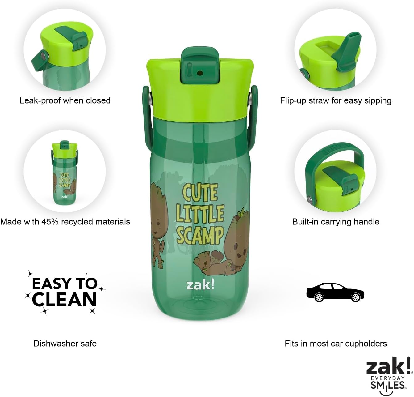 Zak Designs Harmony Marvel Groot Water Bottle for Travel or At Home, 18oz Recycled Plastic is Leak-Proof When Closed with Straw Lid and Carry Handle, 2-Pack (Groot)