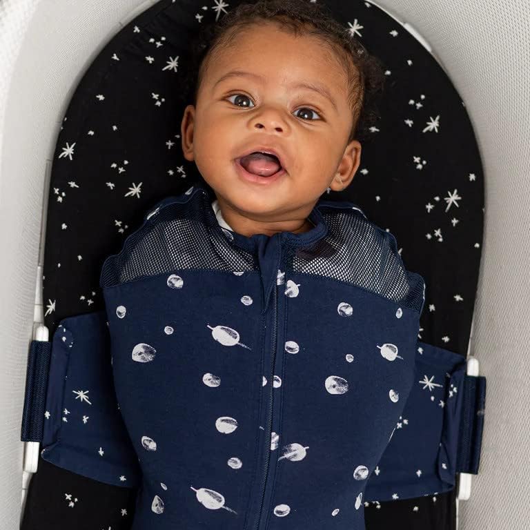 Happiest Baby SNOO Sleep Sack - 100% Organic Cotton Baby Swaddle Blanket - Doctor Designed Promotes Healthy Hip Development (Midnight Planets, Large)
