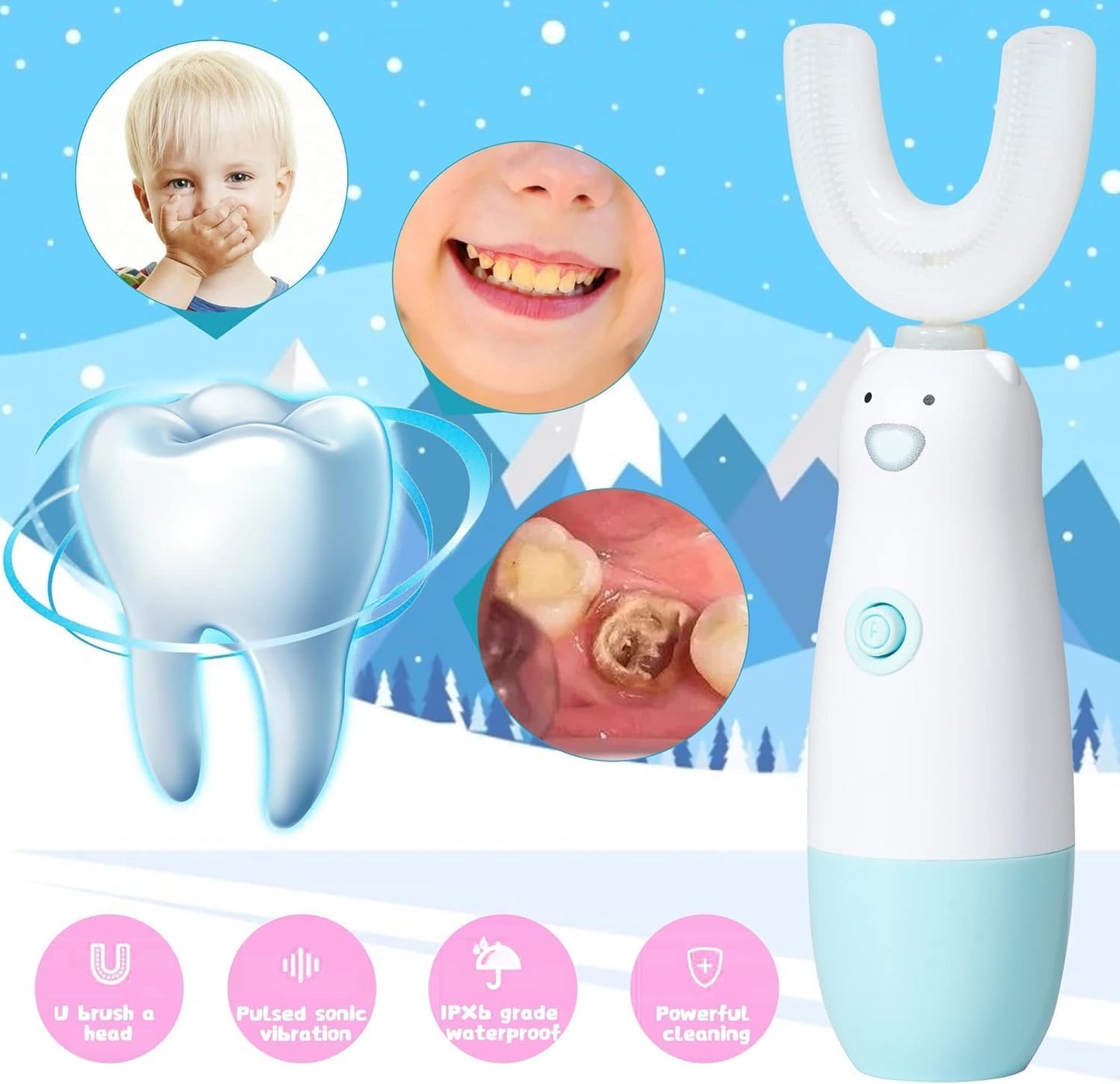 Kids Electric Toothbrush，Toddler Toothbrush Waterproof Battery Powered 360 Automatic Sonic u Shaped Toothbrushes for 2-7 Years Old for Boys Girls，with 2 Replacement Brush Heads（Blue）