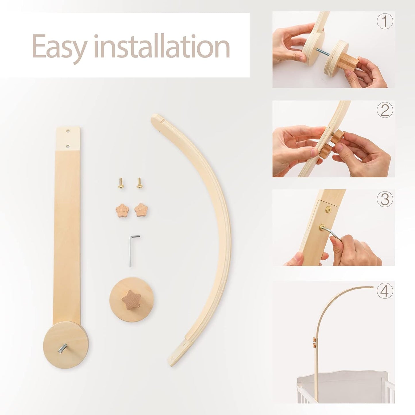Baby Crib Mobile Arm - Wooden Baby Mobile Crib Holder for Hanging Baby Crib Attachment for Nursery Decor (Curved Structural Arm)