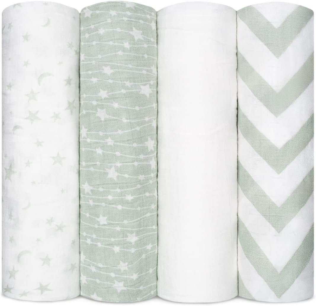 Comfy Cubs Muslin Swaddle Blankets Pack of 4, 47 x 47 Inches, Soft Cotton Baby Blanket Set, Large Multipurpose Swaddling Wraps for Newborns - Self-Soothing Swaddle - Green