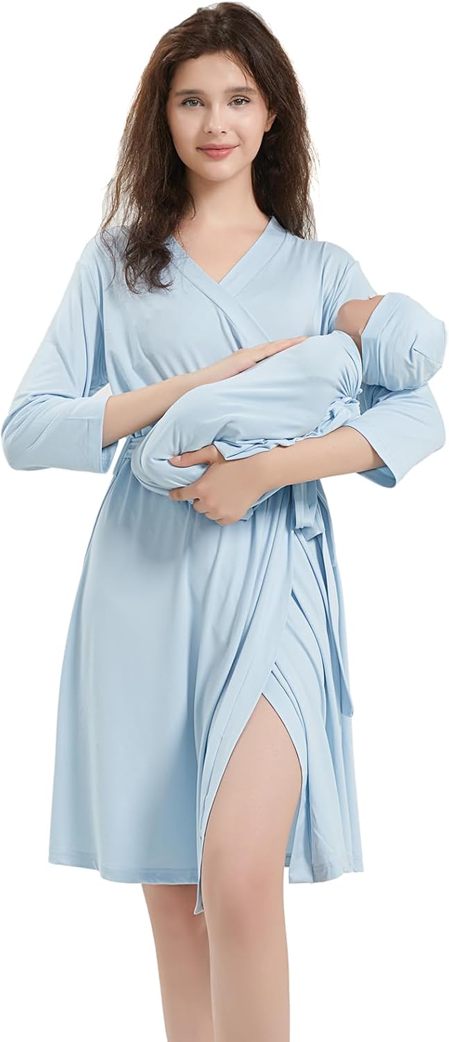 Galabloomer Maternity Robe and Baby Receiving Blanket, Matching Mommy Labor Delivery Robe and Swaddle Set (l, baby blue)