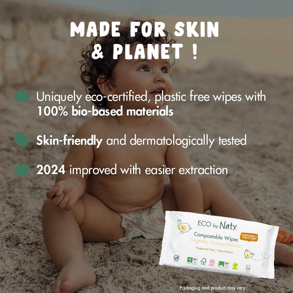 Eco by Naty Baby Wipes Unscented - 100% Compostable and Plant-Based Wipes, Good for Babies and Newborn Sensitive Skin (168 Count - 3 packs of 56)
