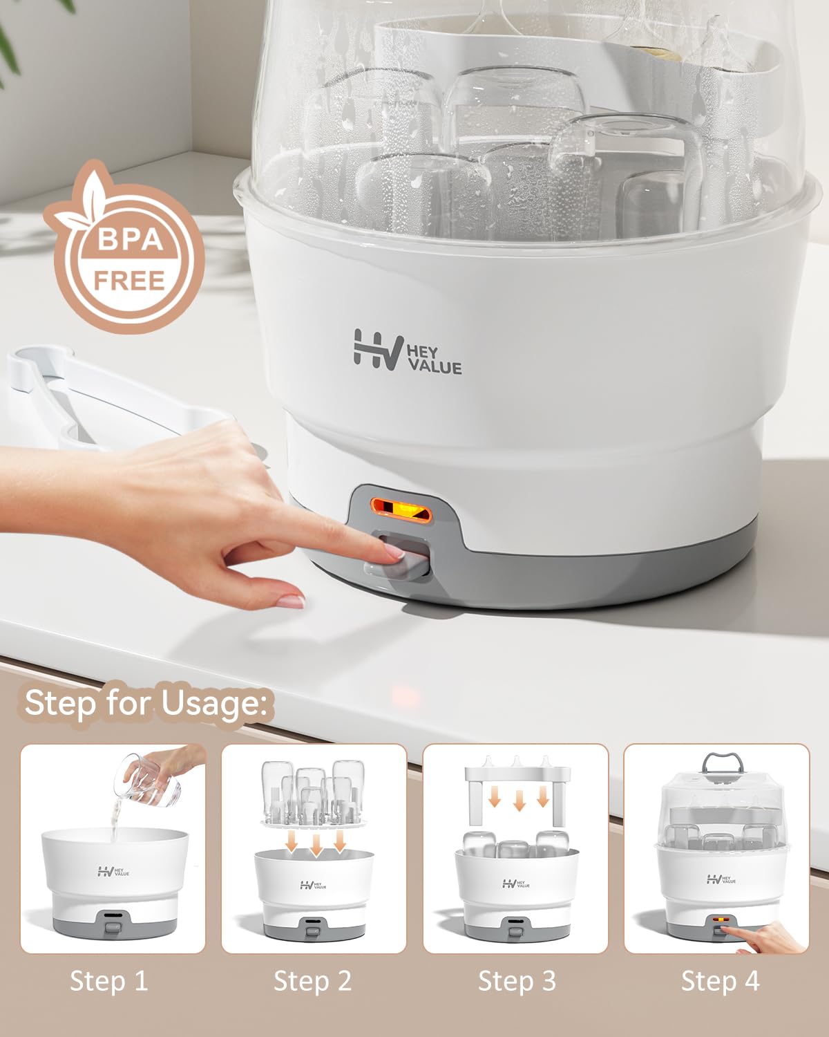 HEYVALUE Bottle Sterilizer, Baby Bottle Sterilizer, Easy One Button Control Electric Bottle Sterilizer (Esterilizador de Biberones), for Baby Bottles, Pacifiers, Breast Pump Parts, BPA-Free