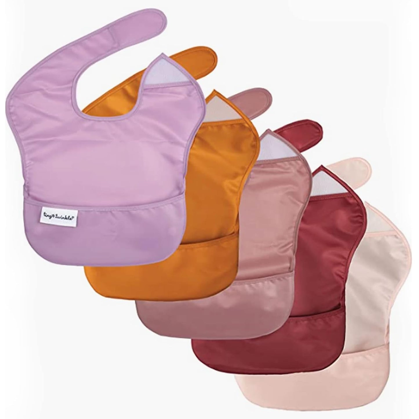 Tiny Twinkle Mess Proof Baby Bibs for Eating - Waterproof, Wipeable Bibs - Toddler Bibs - Travel Friendly - PFAS, PVC, BPA, Phthalate Free - Baby Food Bibs(5 Pack,Girl Solids)