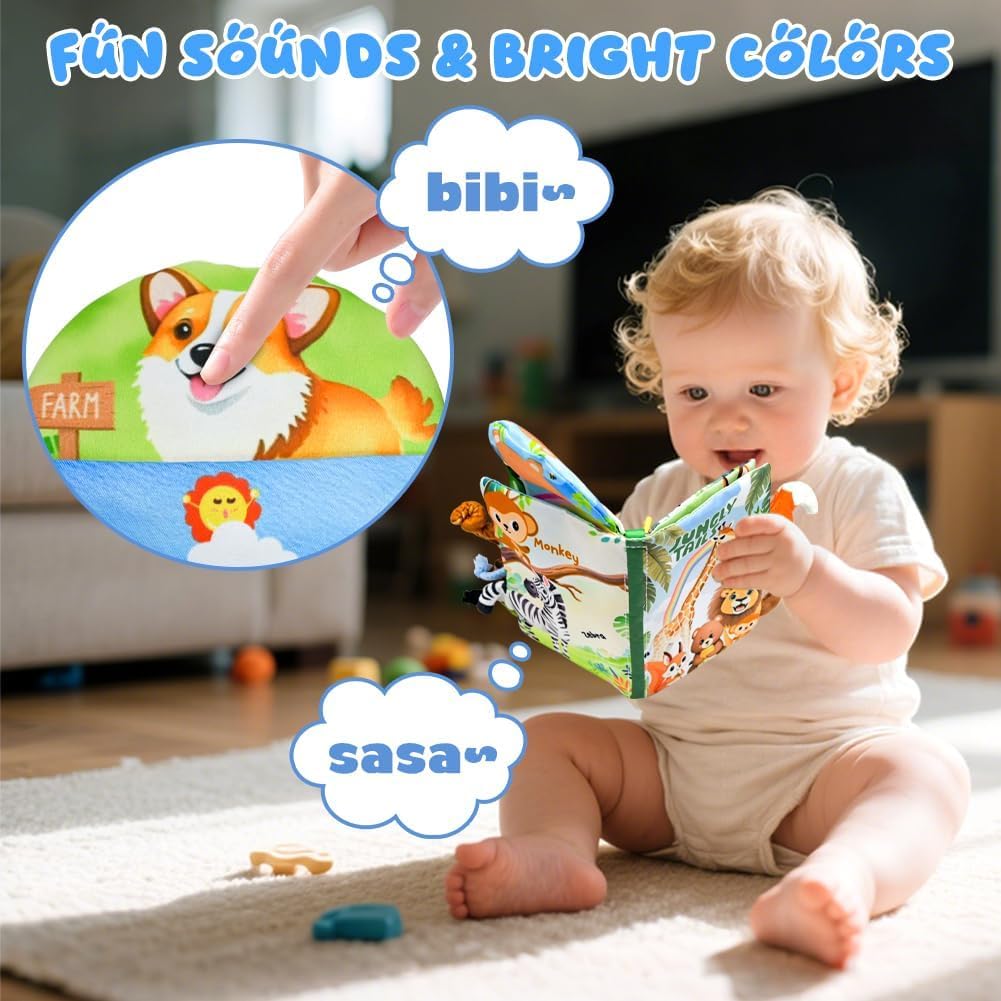 Kimicare 2 PCS Baby Books 0-6 Months, Crinkle Books for Babies, Jungle Tails Soft Cloth Book for Babies 6-12 Months, Infant Farms Sensory Book, Tummy Time Toys