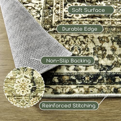 Olive and Beige Throw Rugs 2x3 Washable Vintage Floral Thin Small Area Rug - Image 3