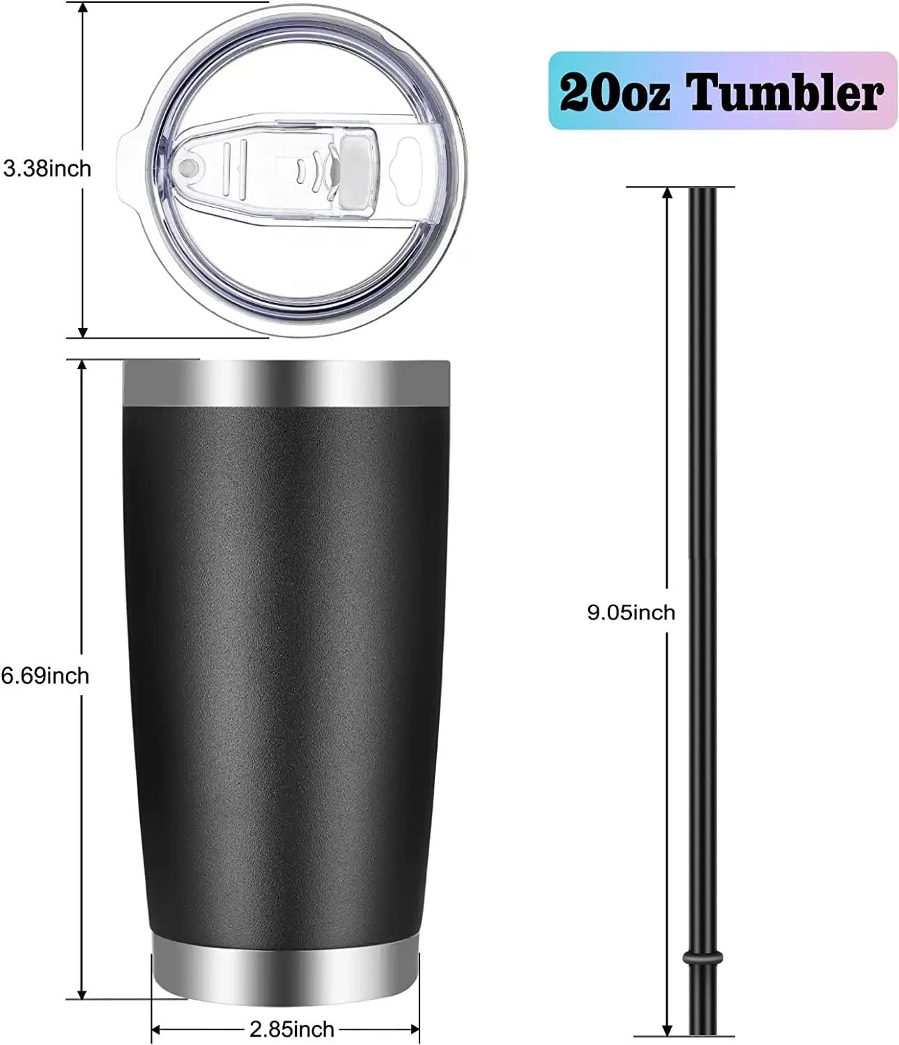 VEGOND 20oz Tumbler with Lid and Straw Stainless Steel Tumbler Cup Vacuum Insulated Double Wall Travel Coffee Mug Powder Coated Coffee Cup(Black 1 Pack)