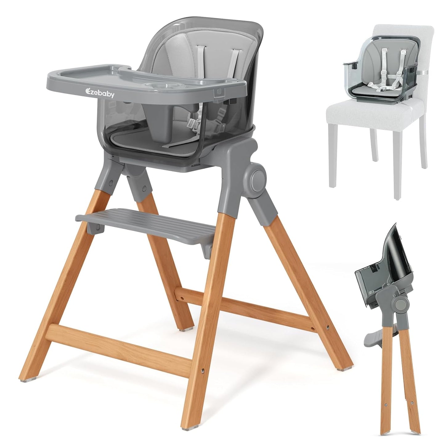 Ezebaby Foldable Wooden High Chairs, 3-in-1 Convertible Baby High Chair, Dining Booster Seat, Toddler Chair, Easy Clean High Chairs for Babies and Toddlers with Large Adjustable Tray- Transparent Gray