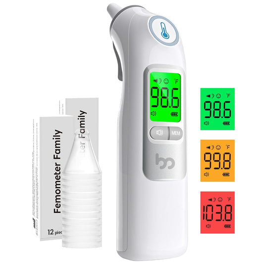 Ear Thermometer, Highly Accurate Ear Thermometer for Kids, Adults and Babies, 30 Memory Recall, 1s Result and 3-Color Fever Alert, with 24 Disposable Probe Covers, Gray