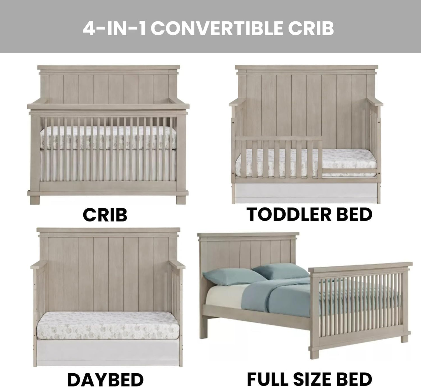 Soho Baby Hampton Premium 4-in-1 Convertible Crib, Flat-Top Headboard, Smooth Stone Wash, GreenGuard Gold Certified