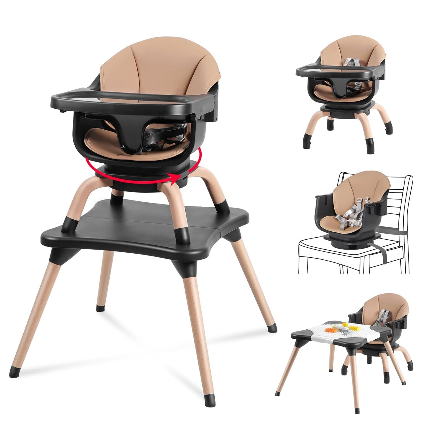 Baby High Chair, 7 in 1 Convertible High Chairs for Babies and Toddlers, Kids Learning Table, Building Block Table, Toddler Dining Chair with 360° Rotating Seat, 5-Point Safety Harness (Black)