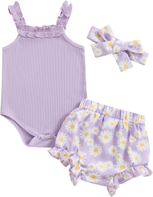 fhutpw Baby Girl Clothes Summer Cute Outfits 3 6 12 18 Months Spaghetti Strap Romper & Floarl Shorts Sets