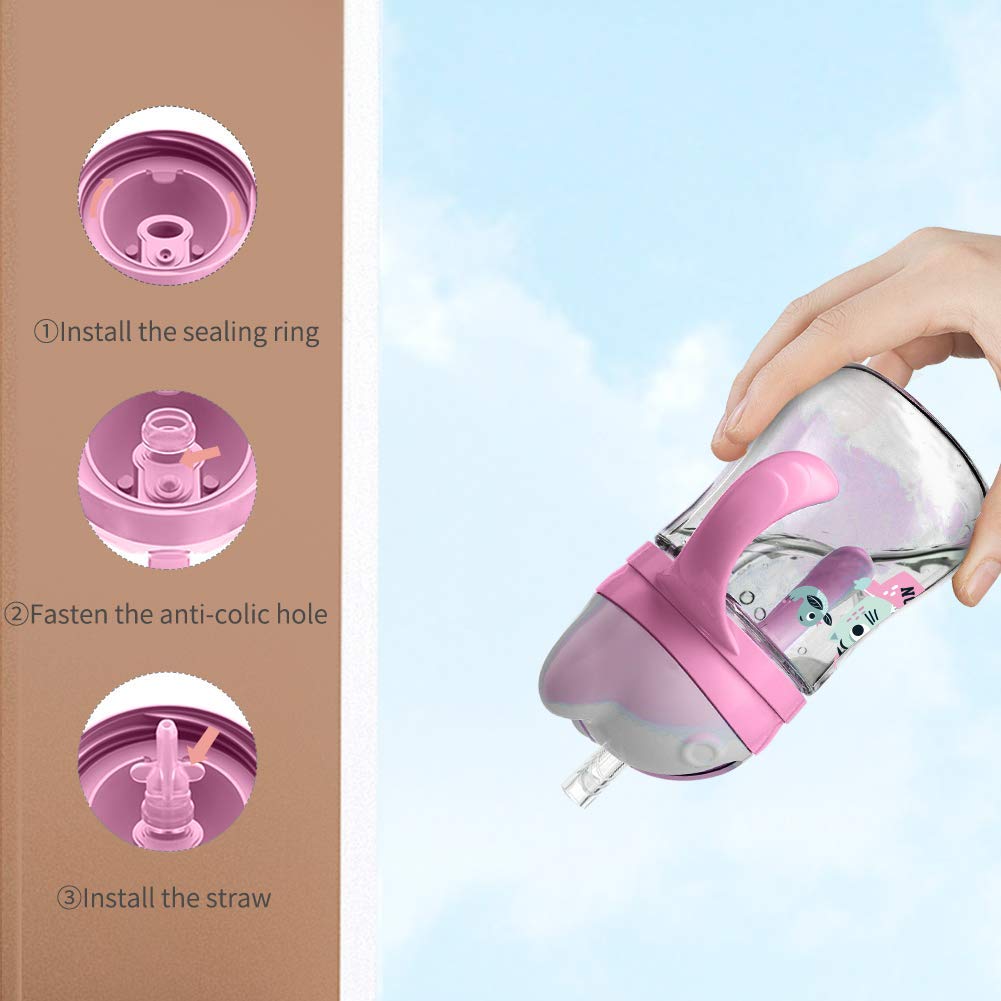 POTATO Toddler Cups Spill Proof Sippy Cup with Handles and Strap, Straw Cups for babies, 240ML/8oz, Pink